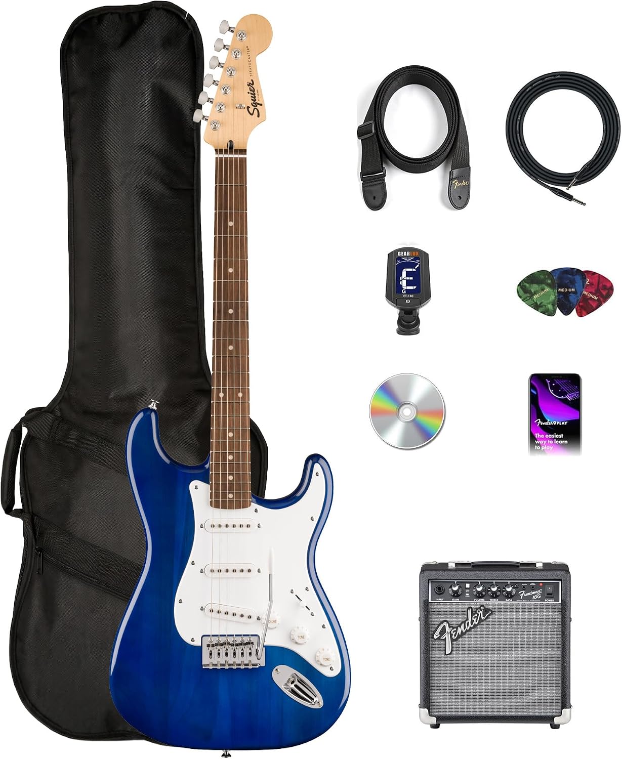 Fender Squier Sonic Stratocaster Pack - Sapphire Blue Transparent Bundle with Frontman 10G Amp, Gig Bag, Instrument Cable, Strap, Tuner, Picks, and Austin Bazaar Instructional DVD
