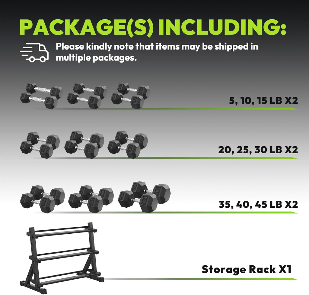 HANDBODE Hex Dumbbell Set with Rack, 300-840 lb Rubber Coated Fixed Weights Sets with Heavy Duty Storage Stand, Hexagon Shape, Multiple Weight Options Home Gym Equipment for Strength Training