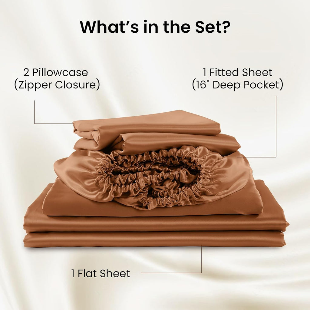 THXSILK Luxury Mulberry Silk Bed Sheets Set - 4pcs Silk Sheets Set 16' Deep Pocket - 1 Fitted Sheet, 1 Flat Sheet, 2 Pillowcases with Zipper Closure - Full, Brown