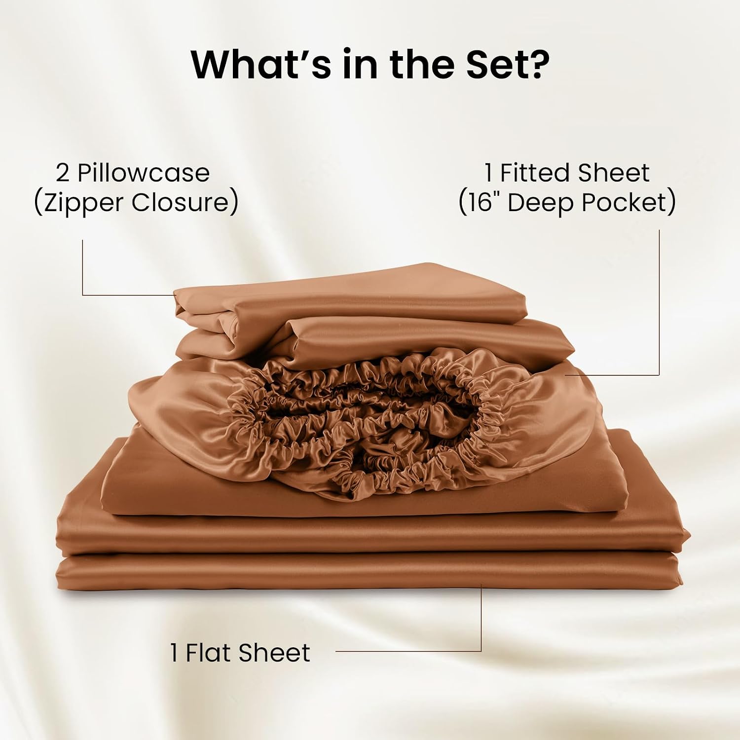 THXSILK Luxury Mulberry Silk Bed Sheets Set - 4pcs Silk Sheets Set 16' Deep Pocket - 1 Fitted Sheet, 1 Flat Sheet, 2 Pillowcases with Zipper Closure - Full, Brown