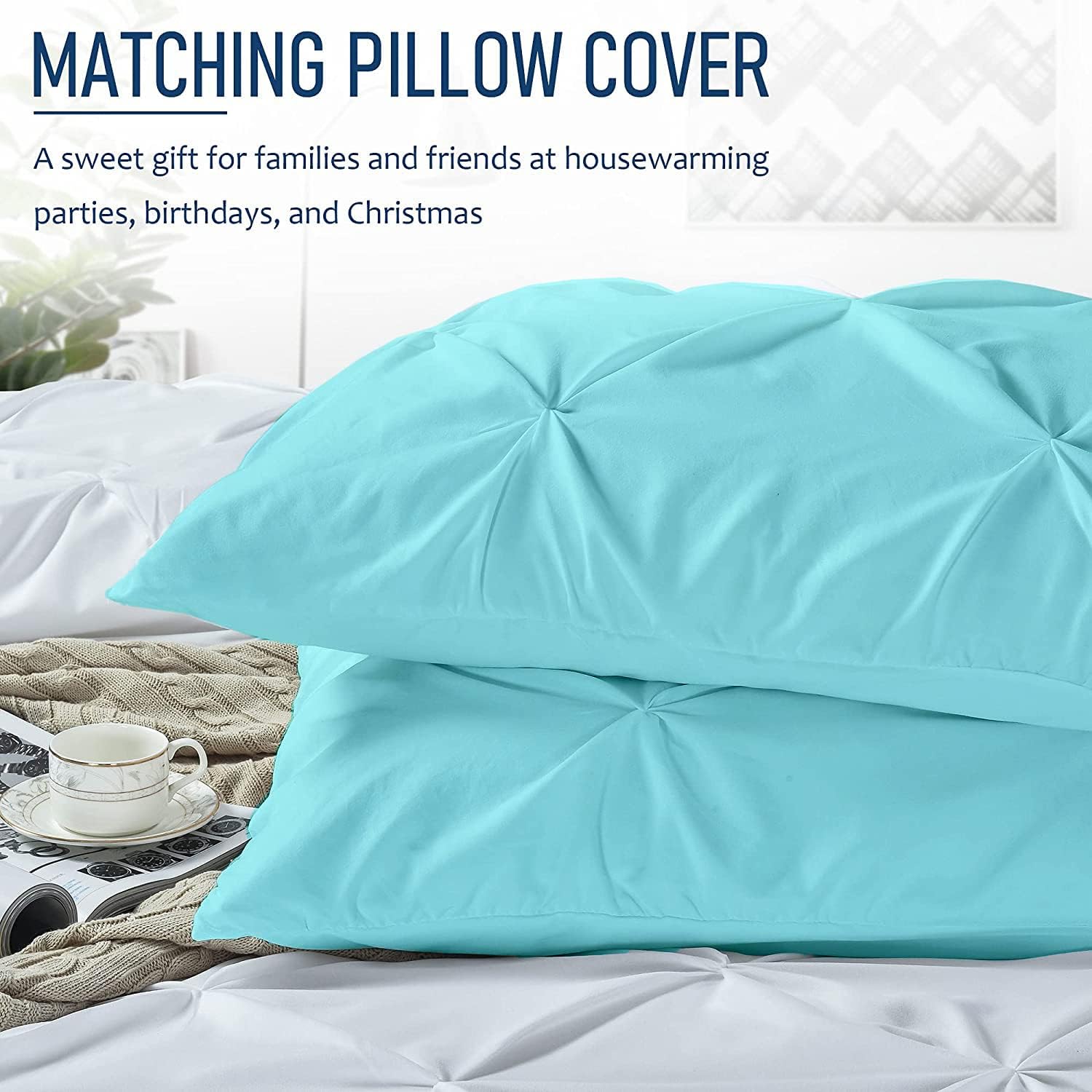 Crown Collection Luxuriate Hotel 1000-TC Hypoallergenic Ultra Soft Design 100% Egyptian Cotton Pinch Plated Duvet Cover with Zipper Colser & 2pcs Pillow Case Set (Oversize 98x120, Aqua)