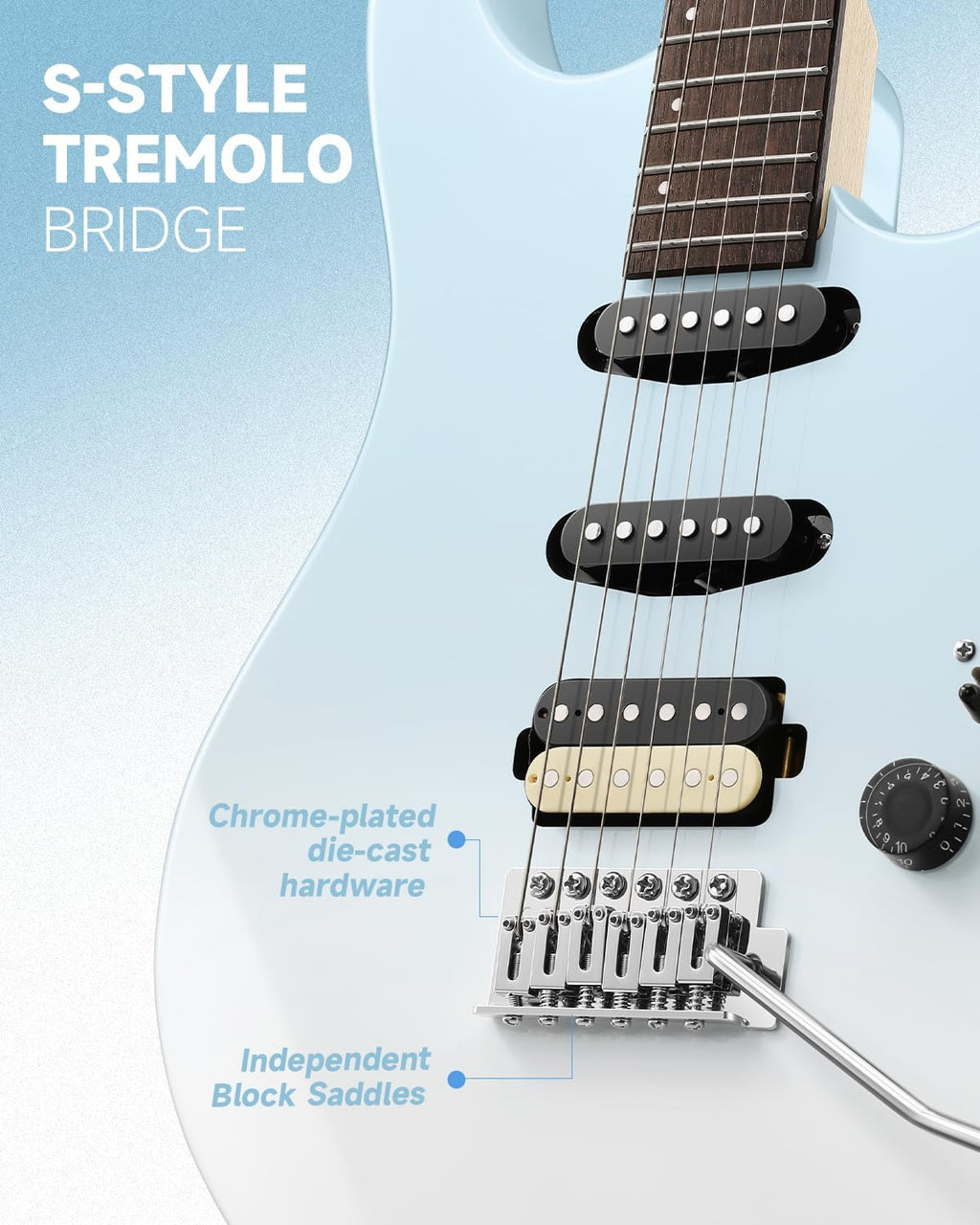 Donner DMT-66 Solid Body Electric Guitar Kit for Beginners, Full Size 39' Electric Guitar with HSS Pickups, Poplar Body, Maple Neck, Starter Guitar with Gig Bag, Strap, Whammy Bar Arm, Gradient Blue