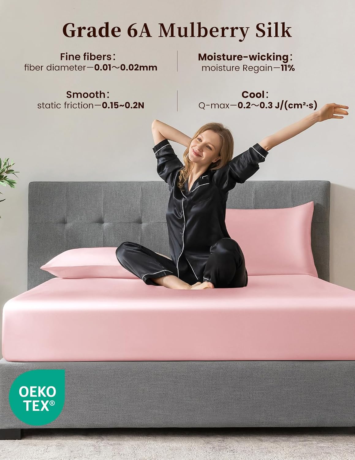 THXSILK 100% Mulberry Silk Bed Sheet Set - 3pcs Pure Silk Sheet Set - 16' Deep Pocket Fitted Sheet, 2 Pack Silk Pillowcase with Zipper Closure - Full Size, Charming Pink