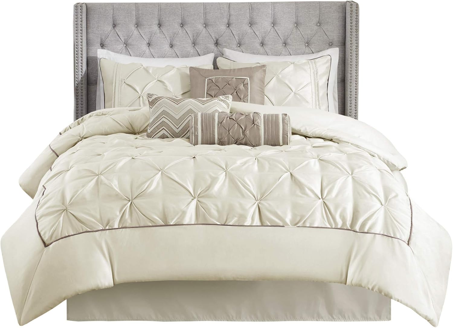 Madison Park Laurel Cozy Comforter Set - Traditional Tufted Faux Silk Design, All Season Down Alternative Bedding with Matching Shams, Decorative Pillow, Ivory King(104'x92') 7 Piece