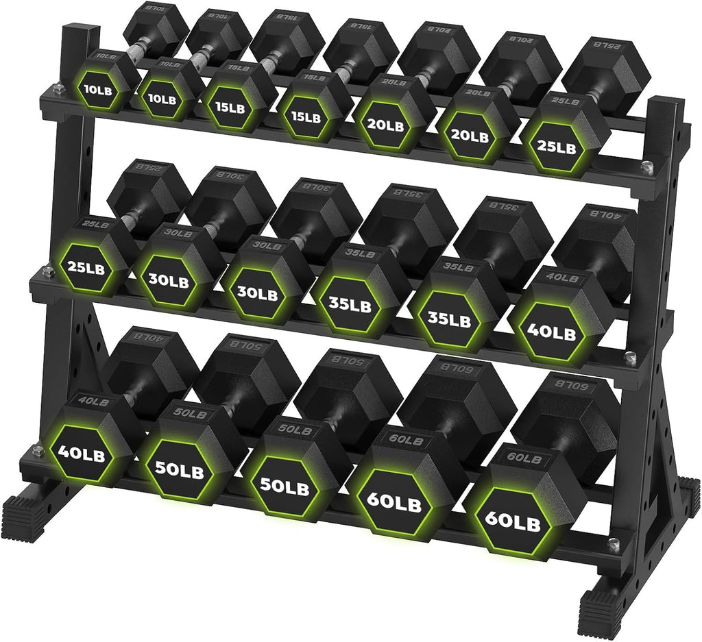 HANDBODE Hex Dumbbell Set with Rack, 300-840 lb Rubber Coated Fixed Weights Sets with Heavy Duty Storage Stand, Hexagon Shape, Multiple Weight Options Home Gym Equipment for Strength Training
