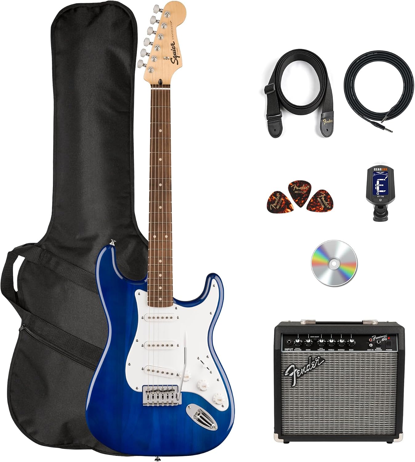 Fender Squier Sonic Stratocaster Pack - Sapphire Blue Transparent Bundle with Frontman 10G Amp, Gig Bag, Tuner, Instrument Cable, Strap, and Picks