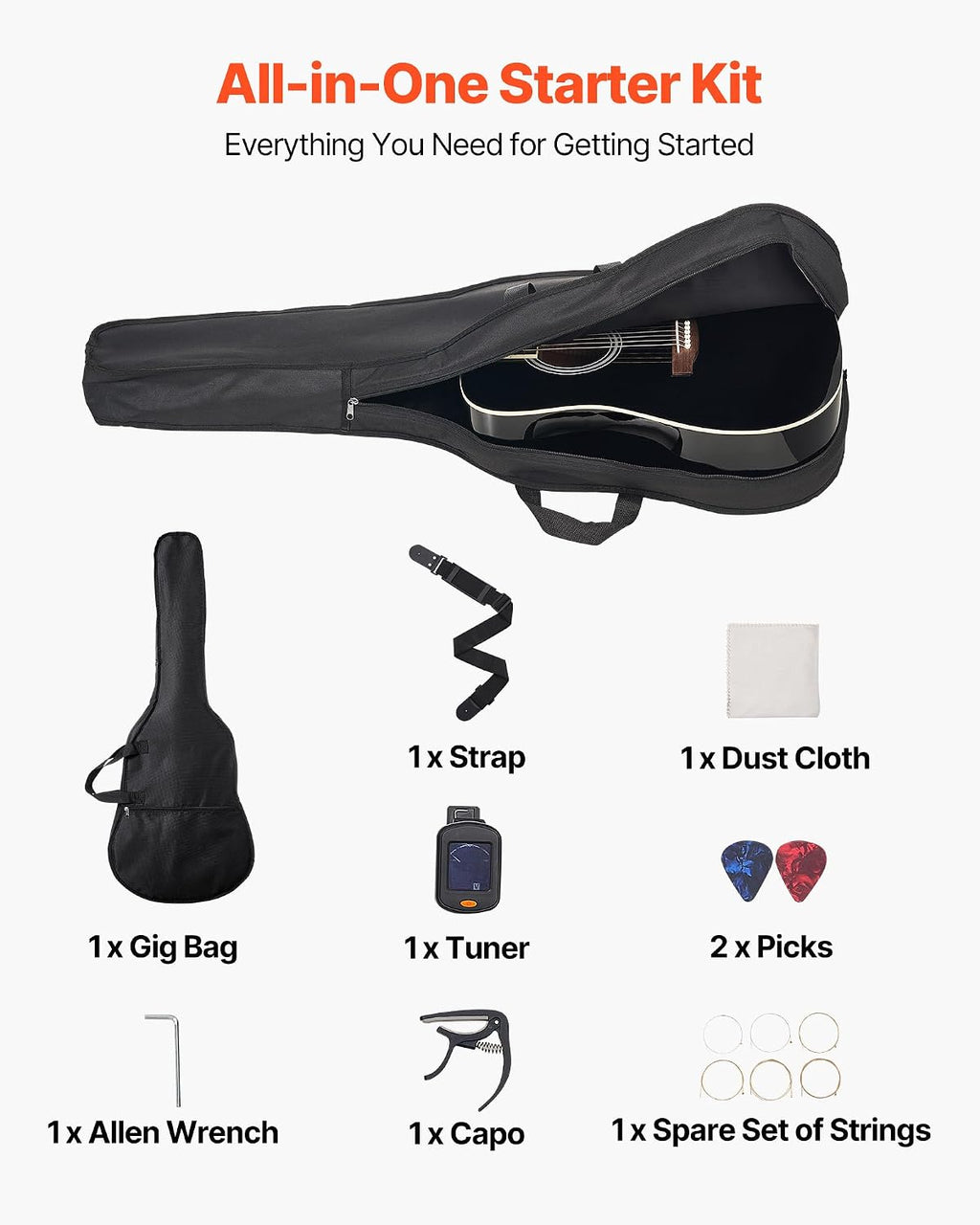 VEVOR Dreadnought Acoustic Guitar, 41 in, 6-String Black Solid Spruce Top Guitar, Beginner Bundle with Gig Bag, Tuner, Strap, Steel Strings, Picks, Capo, Rosewood Fingerboard, for Adult Taller Player