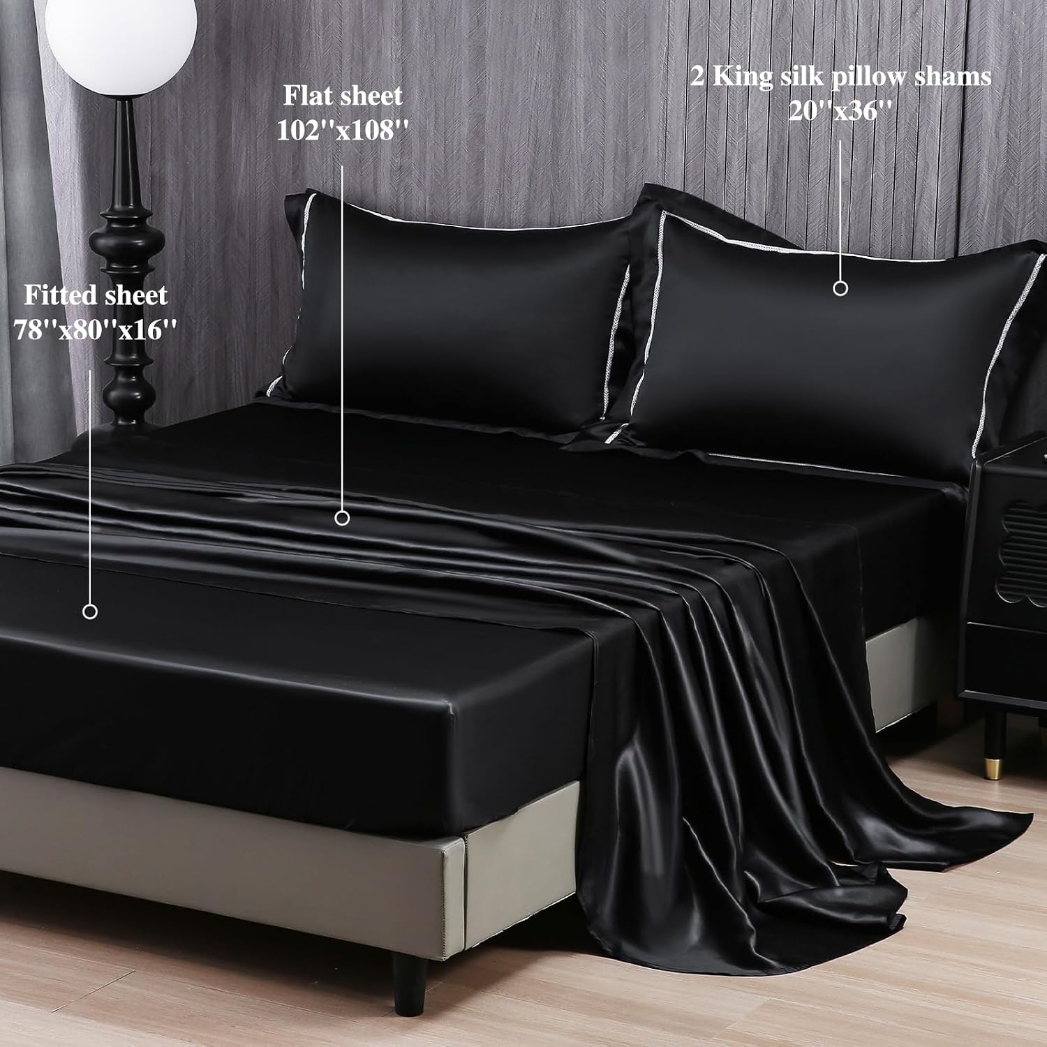 YOUR MOON 100% Mulberry Silk Sheets Set King Size 4 Pcs, 25 Momme Mulberry Silk Bed Sheets, Ultra Soft Luxury Bedding Sets, 1 Fitted Sheet, 1 Flat Sheet, 2 Pillow Shams (Black)