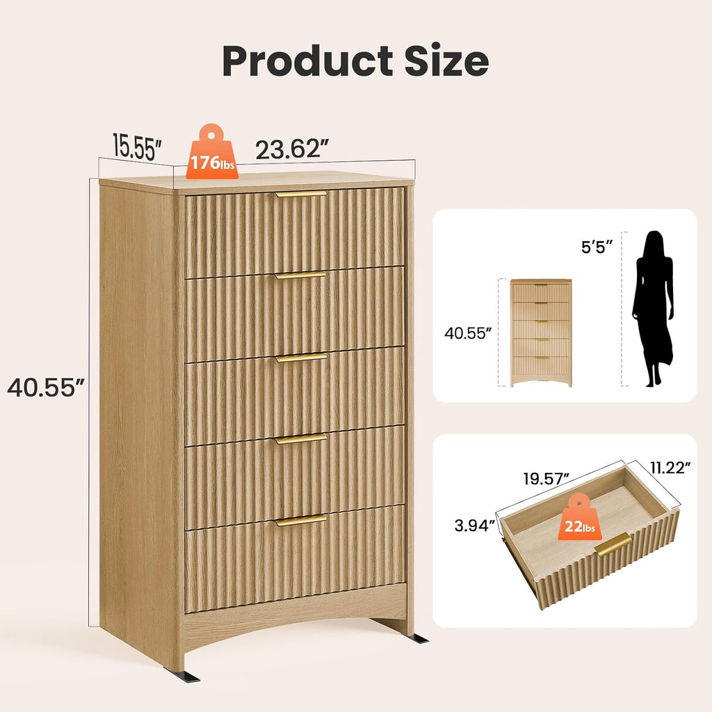 Pipishell Dresser for Bedroom, Fluted 5 Drawers Dresser, 40' Tall Modern Chest of Drawer with Round Edge & Pre-Installed Drawer Slides, Natural Wood Drawer Organizer for Bedroom, Hallway, Natural Oak