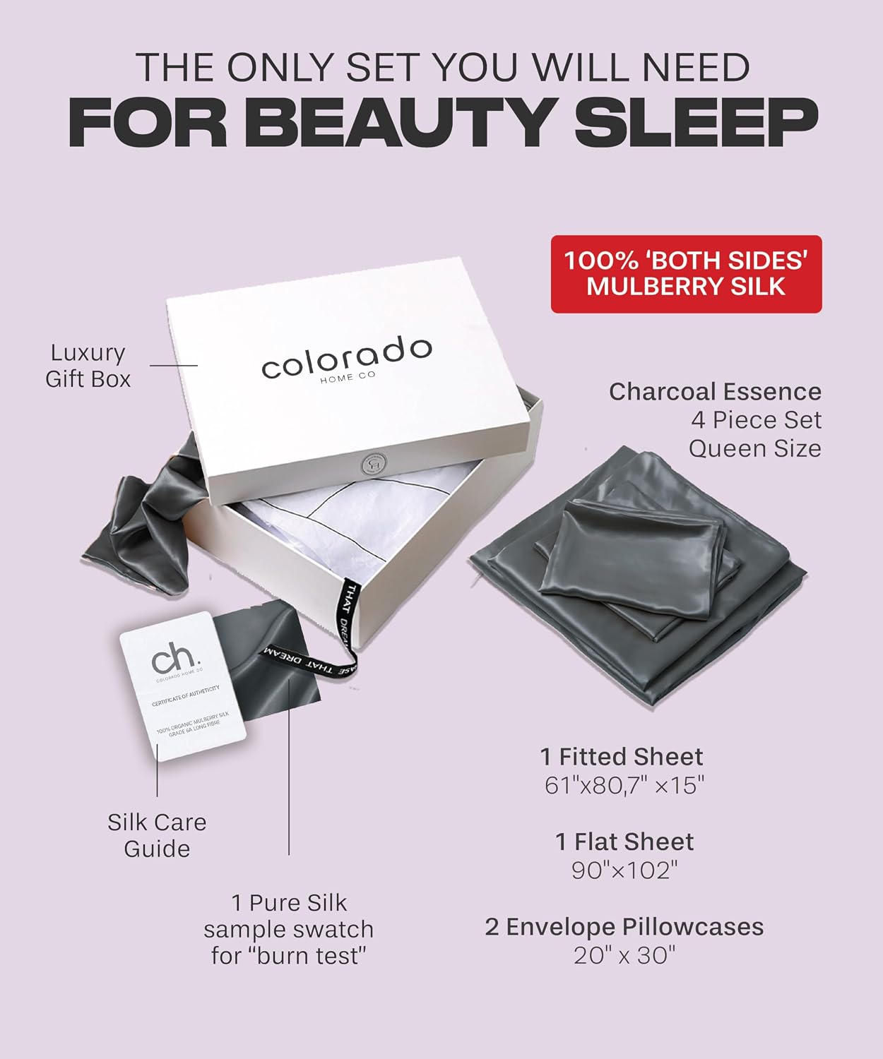 Colorado Home Co SUNDAYSILKS | Mulberry Silk Bed Sheets | 4PC Queen Set | Natural Bedding | Soft & Durable | Grade 6A Organic Real Silk [Charcoal Essence]