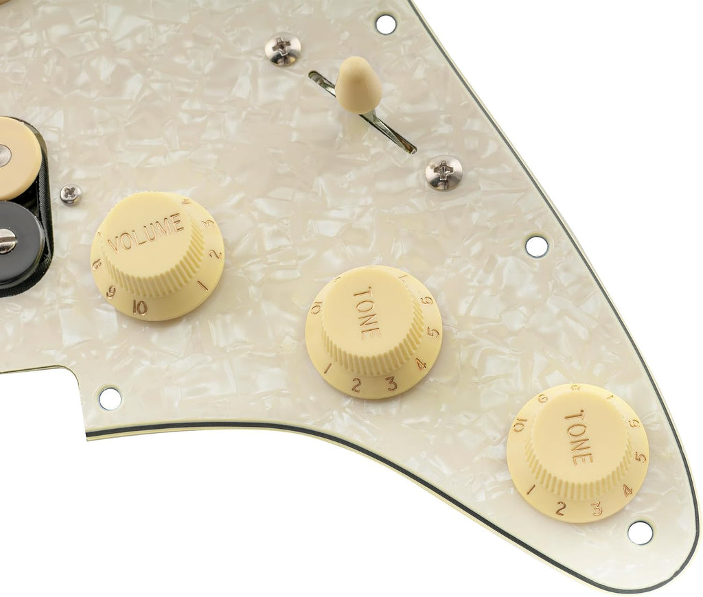 Musiclily Pro Auto-Split HSS Loaded Pickguard ST Prewired Pickguard with Artec Alnico 5 Single Coil Humbucker Pickups for American/Mexico Import Squier Strat Electric Guitar, 4ply Aged White Pearl