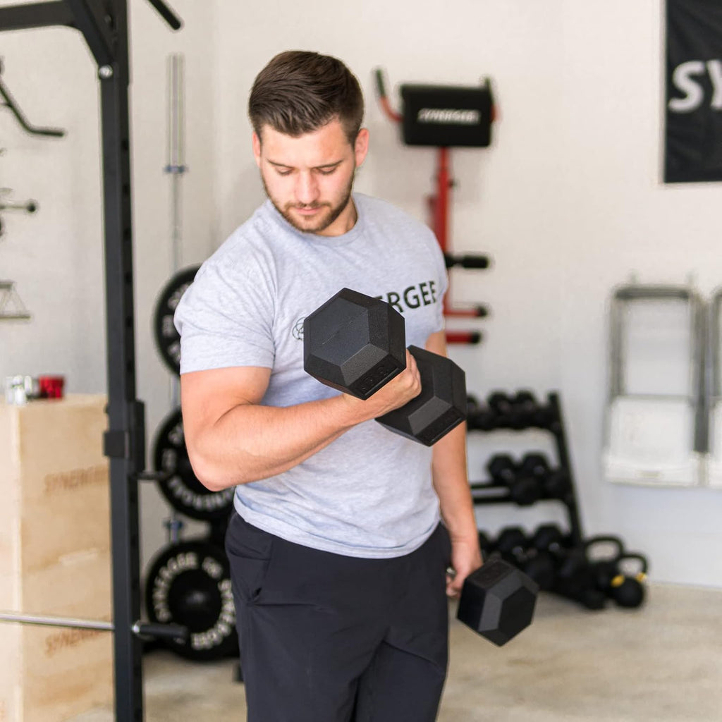 Synergee Rubber Encased Hex Dumbbells with Chrome Handle. All Purpose Weights for Strength & Conditioning Training. Available Size From 2.5 lbs to 50 lbs.