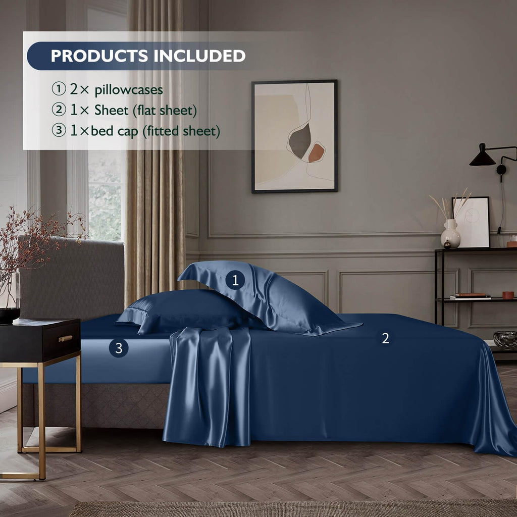 DISANGNI 22 Momme 100% Mulberry Silk Bedding Set - 4-Piece Luxury (2 Pillowcases, 1 Fitted Sheet, 1 Flat Sheet) - 6A Grade Natural Silk (Blue, Queen)