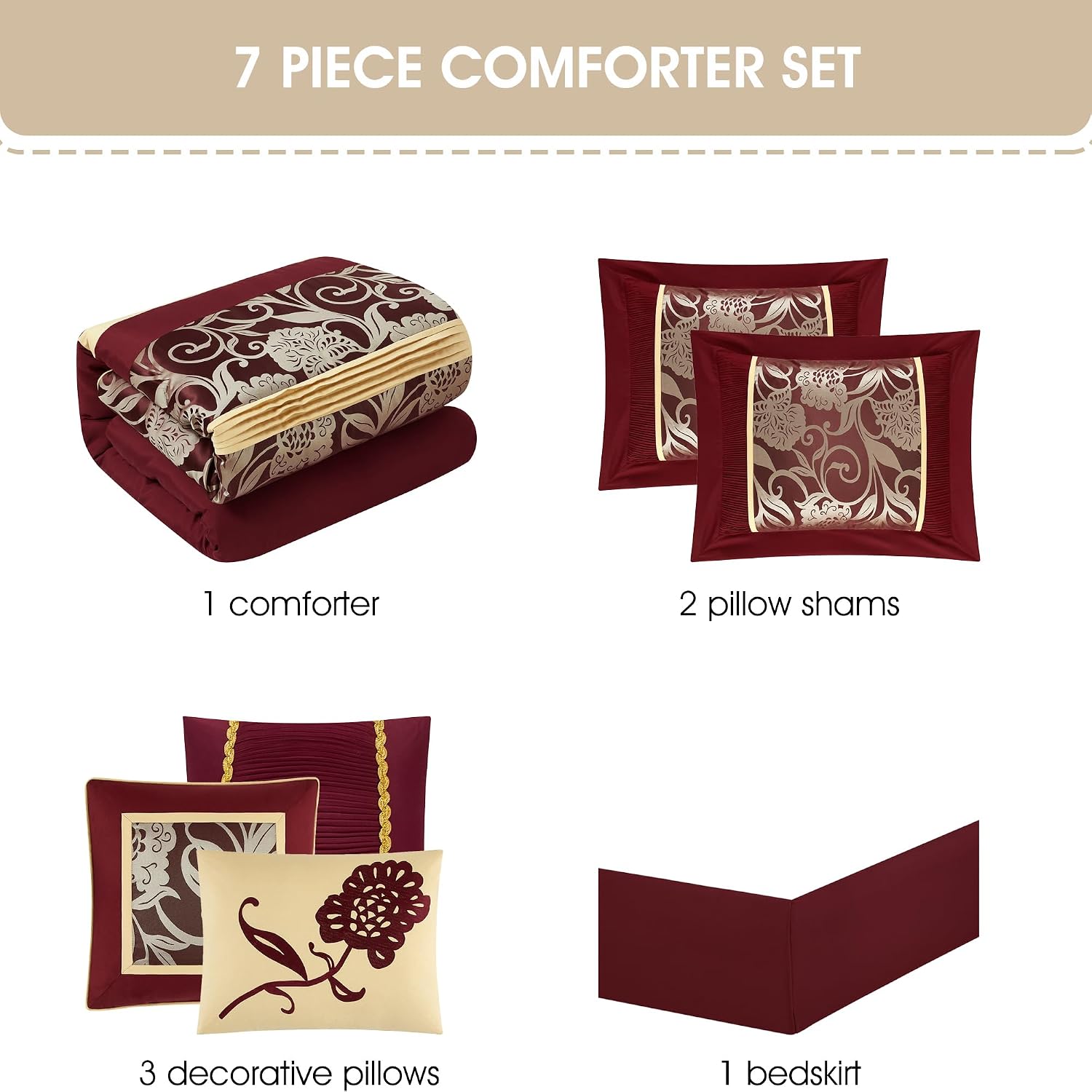 Grand Avenue Black and Red Comforter Set King Size, 7 Piece Jacquard Floral Bedding Set, All Season, Ultra-Soft, Matching Pillows & Shams, Bed Skirt