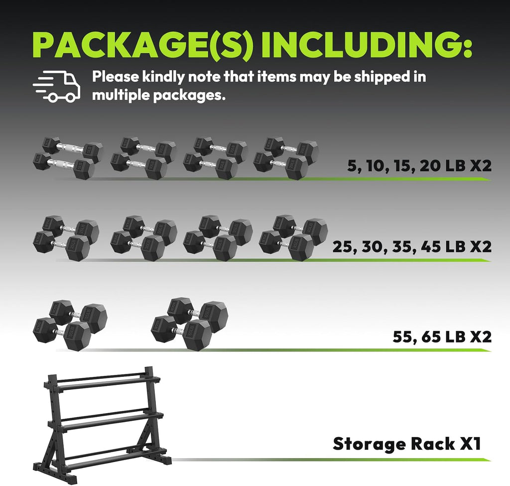 HANDBODE Hex Dumbbell Set with Rack, 300-840 lb Rubber Coated Fixed Weights Sets with Heavy Duty Storage Stand, Hexagon Shape, Multiple Weight Options Home Gym Equipment for Strength Training