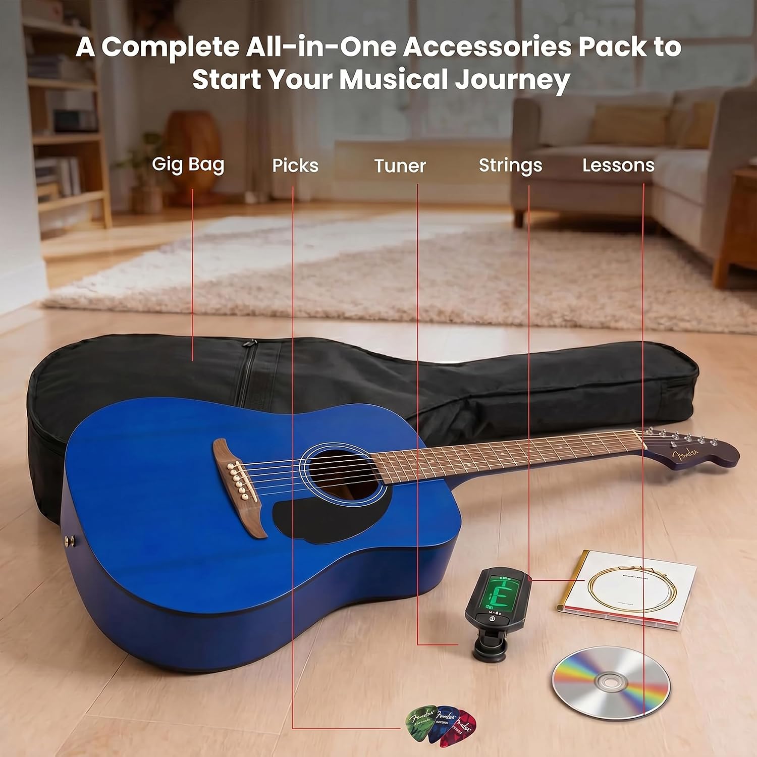 Fender FA Series Dreadnought Acoustic Guitar - Saphire Blue Bundle with Gig Bag, Tuner, Strings, Picks, and Austin Bazaar Instructional DVD