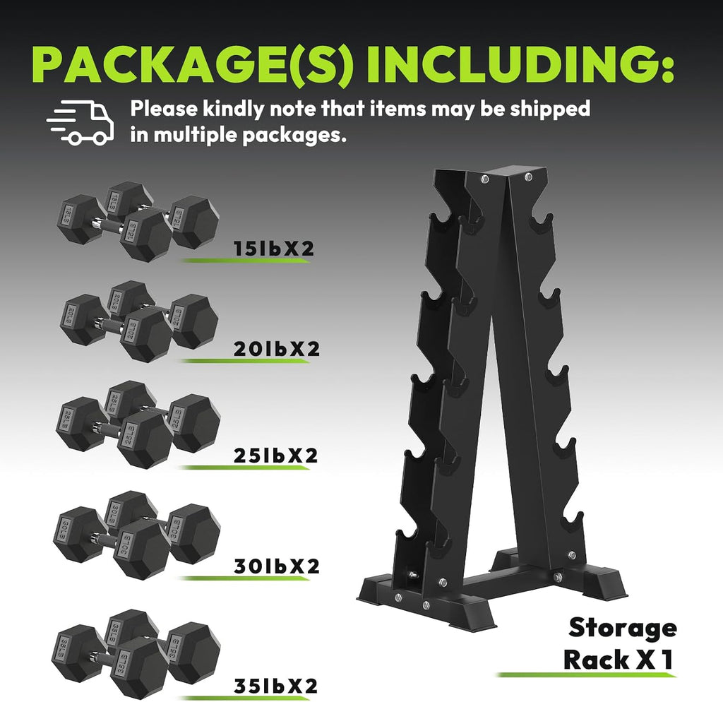 HANDBODE Hex Dumbbell Sets with Rack, 100-165 lb Rubber Encased Dumbbells for Strength Training, Exercise & Fitness, Home Gym Weight Set with Rack