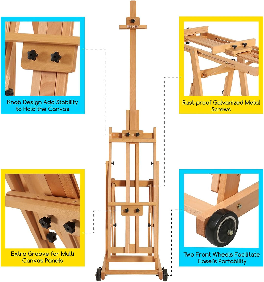 MEEDEN Versatile Studio H-Frame Easel - All Media Adjustable Beech Wood Studio Easel, Painting Floor Easel Stand, Movable and Tilting Flat Available, Holds Canvas Art up to 77'