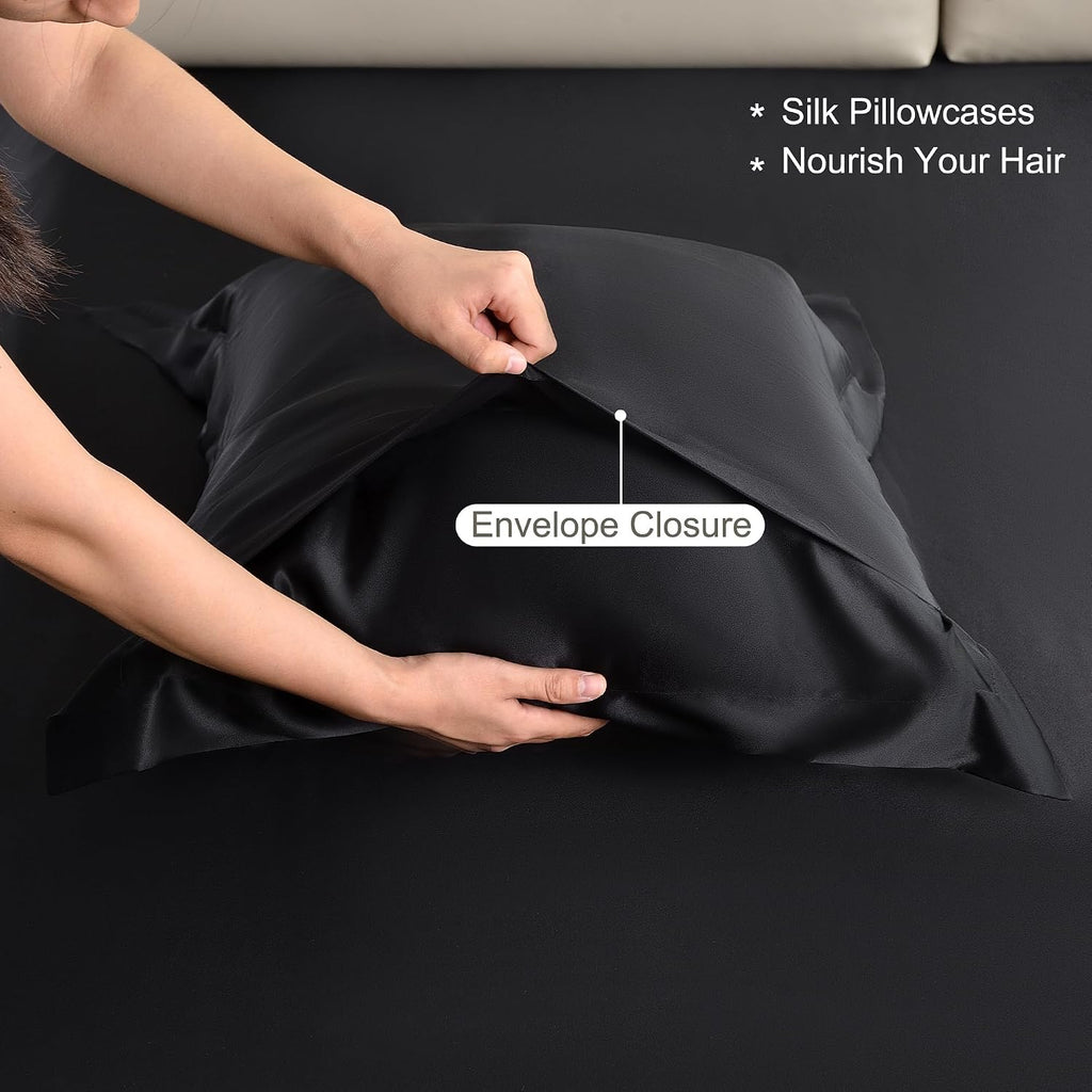4 Pieces 100% Mulberry Silk Sheet Set Bed Sheets, 19 Momme Queen Size 6A Luxury Silk Bedding Set with Flat Sheet, Fitted Sheet & 2 Pillowcases (Queen, Black)