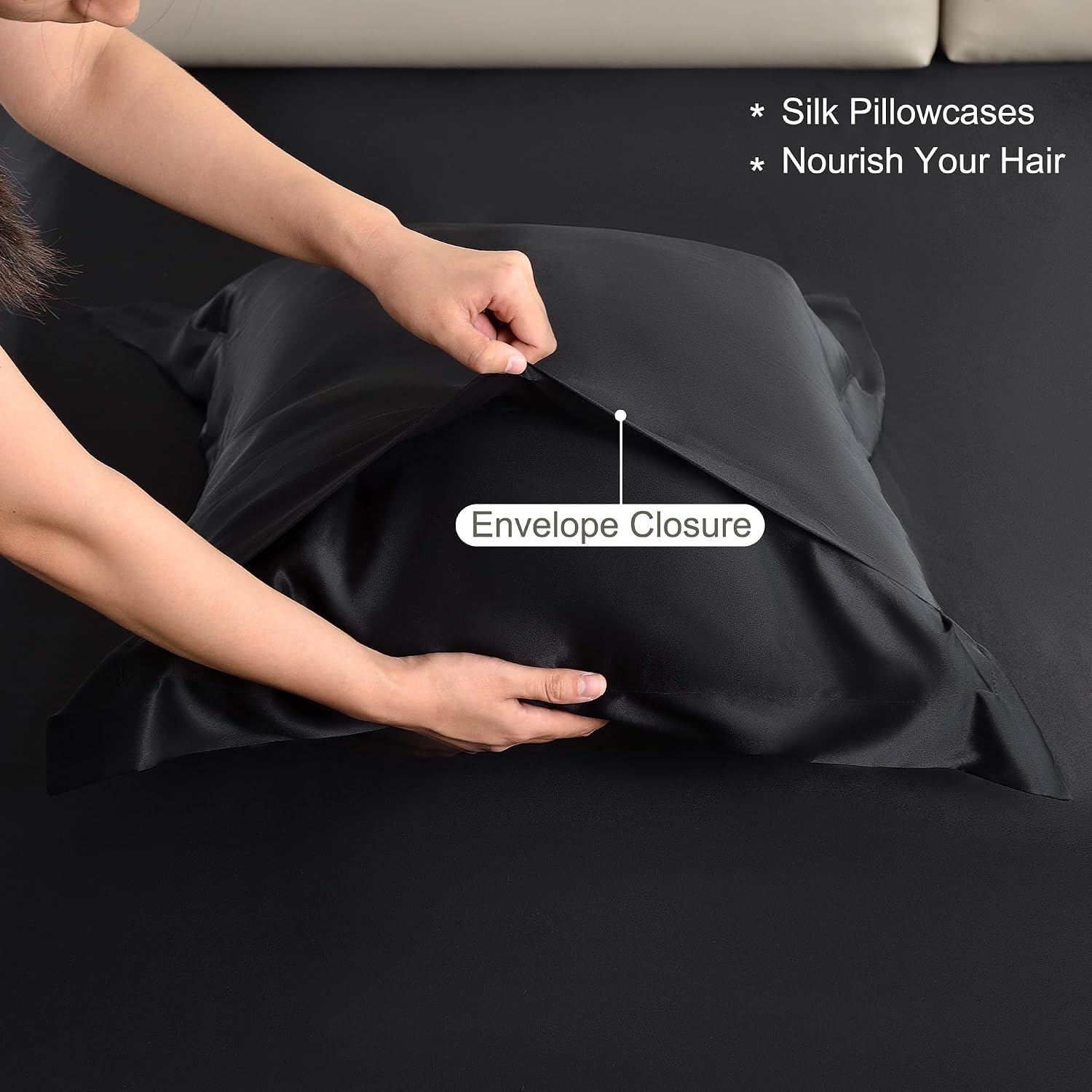 4 Pieces 100% Mulberry Silk Sheet Set Bed Sheets, 19 Momme King Size 6A Luxury Bedding Set with Flat Sheet, Fitted Sheet & 2 Pillowcases (King, Black)