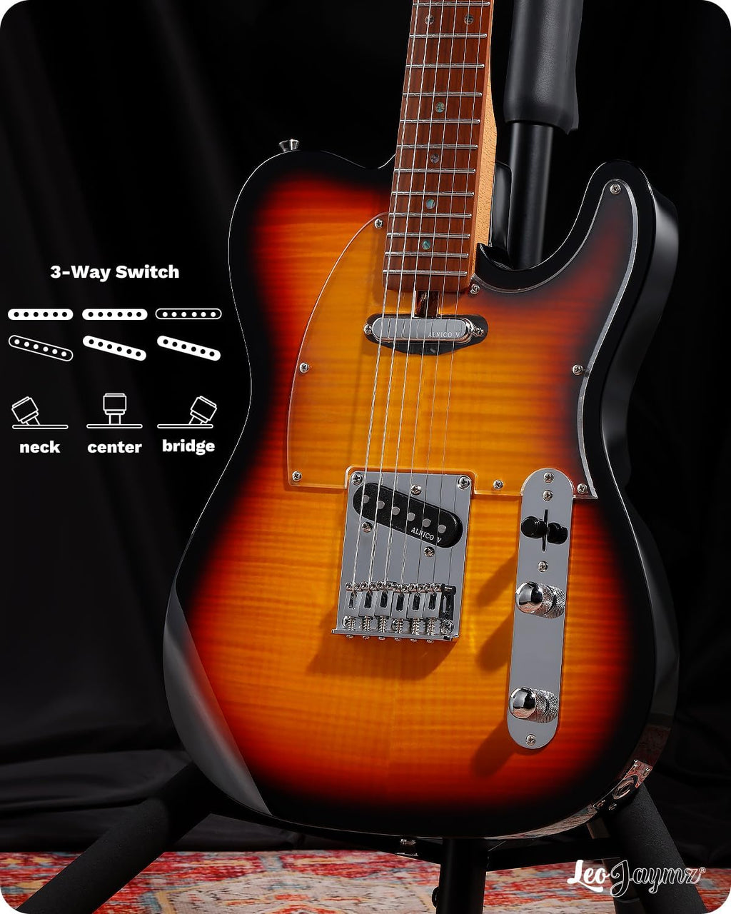 Leo Jaymz TL Electric Guitar - Flame Maple Top, Mahogany Body, Maple Neck - Alnico V Pickups, Locking Tuners - Solid Choice for Beginners & Intermediate Players (Sunburst)