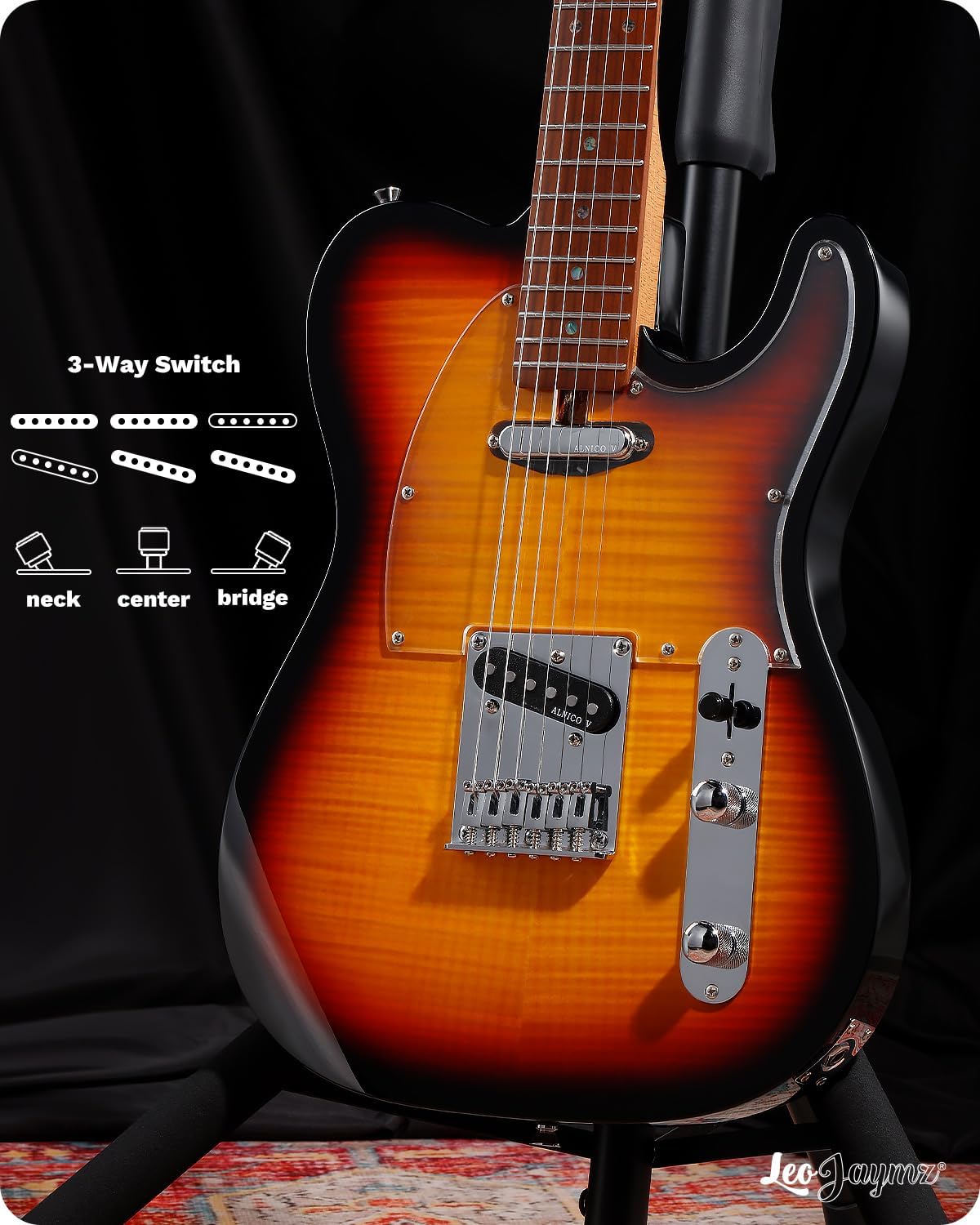 Leo Jaymz TL Electric Guitar - Flame Maple Top, Mahogany Body, Maple Neck - Alnico V Pickups, Locking Tuners - Solid Choice for Beginners & Intermediate Players (Sunburst)