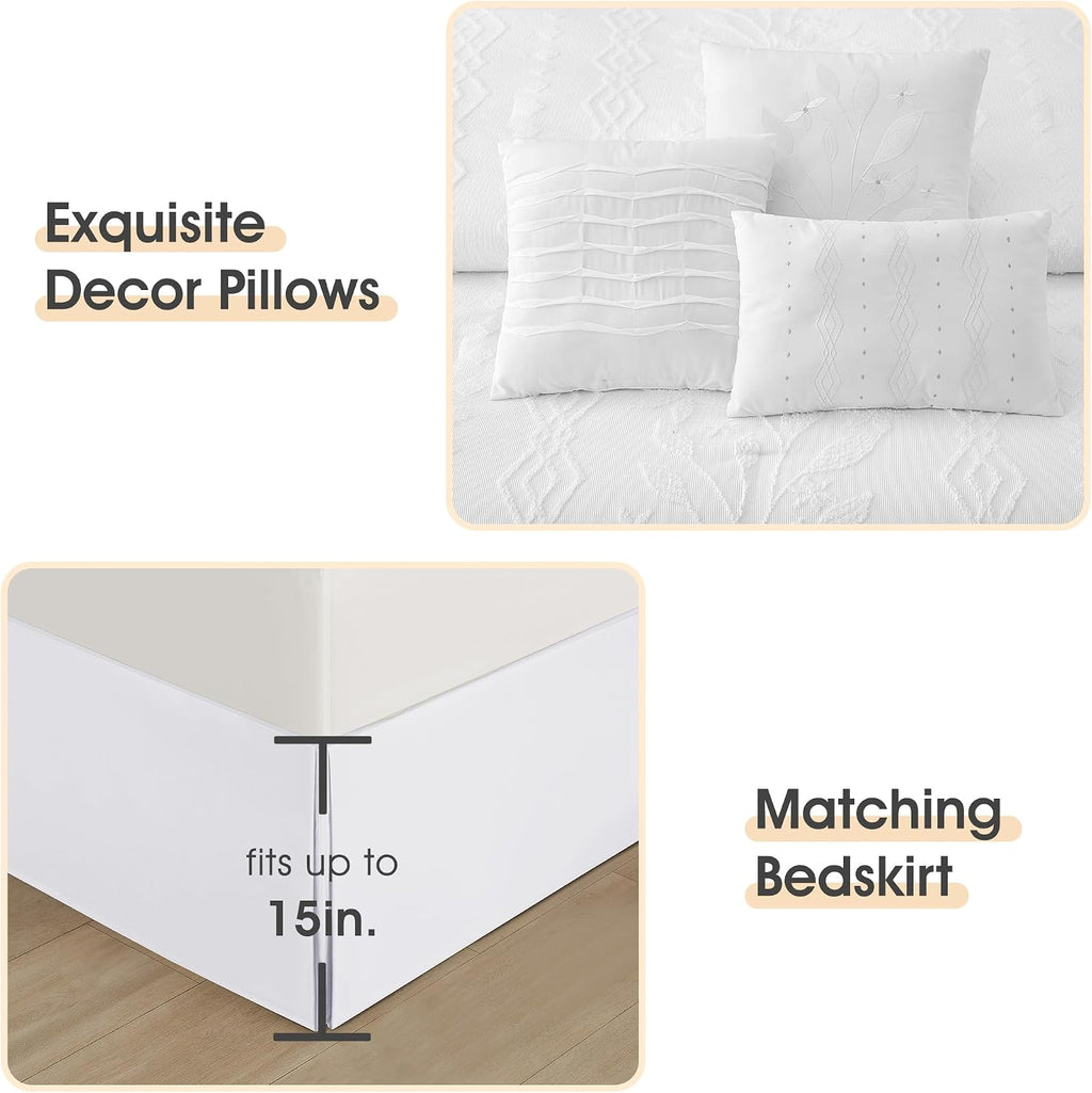LANCO MODERN LIFESTYLE White Comforter Set, King Size, 7 Pieces Jacquard Boho Bedding Set for All Seasons, Ultra Soft and Fluffy, Matching Pilllow Shams, Bedskirt and Decor Pillows