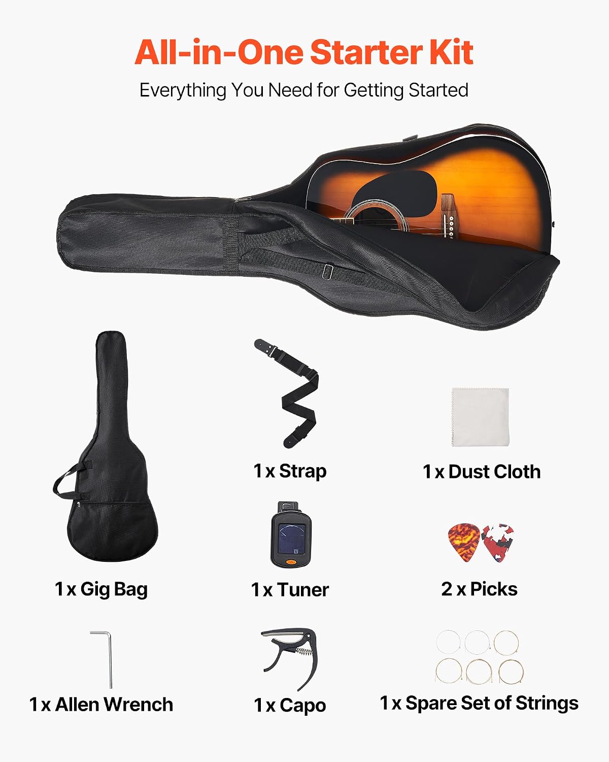 VEVOR Dreadnought Acoustic Guitar, 41 in, 6-String Sunburst Solid Spruce Top Guitar, Beginner Bundle with Gig Bag, Tuner, Strap, Strings, Picks, Capo, Rosewood Fingerboard, for Adult Taller Player