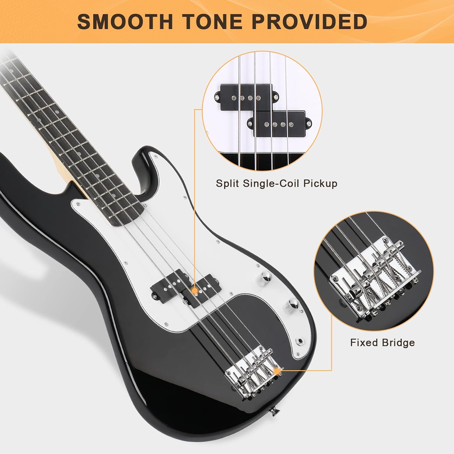 GLARRY Full Size Electric Bass Guitar Beginner Kit 4 String Exquisite Basswood Bass with 20W AMP, Cable, Strap, Bag and Accessories (Black, 39'Right Handed)