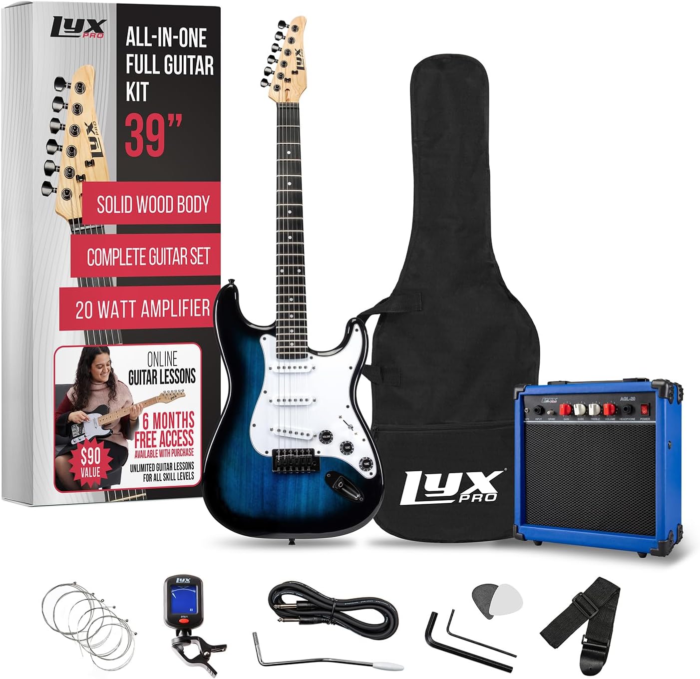 LyxPro 39 inch Electric Guitar Kit Bundle with 20w Amplifier, All Accessories, Digital Clip On Tuner, Six Strings, Two Picks, Tremolo Bar, Shoulder Strap, Case Bag Starter kit Full Size - Blue