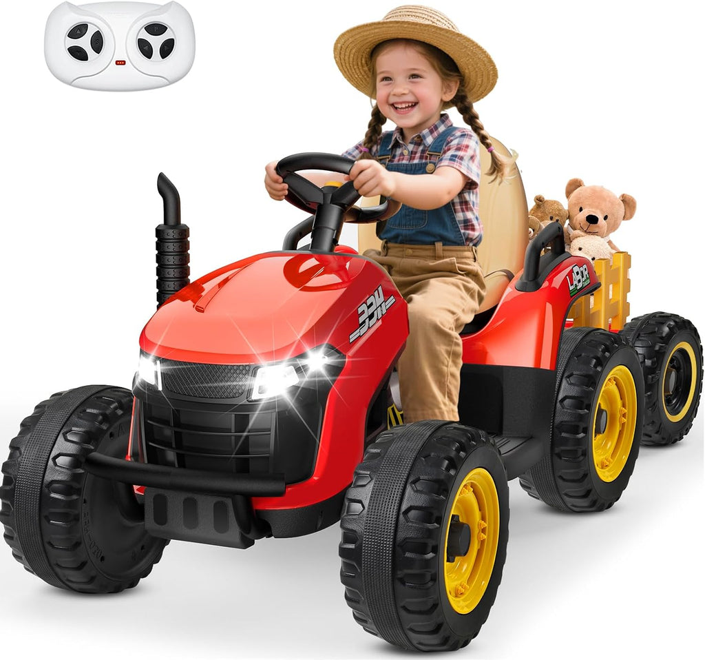 ANPABO 24V Ride On Tractor w/Tiltable & Detachable Trailer, EVA Tires, Up to 4.3Mph, Ride On Toys with Parental Remote, Realistic Tractor Sound & Chimney, Music Player, LED Light, Red
