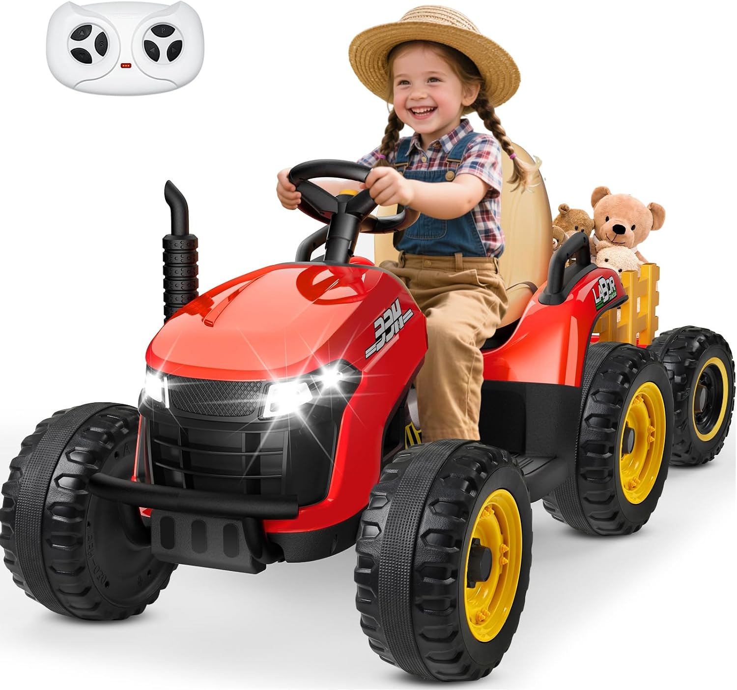 ANPABO 24V Ride On Tractor w/Tiltable & Detachable Trailer, EVA Tires, Up to 4.3Mph, Ride On Toys with Parental Remote, Realistic Tractor Sound & Chimney, Music Player, LED Light, Red