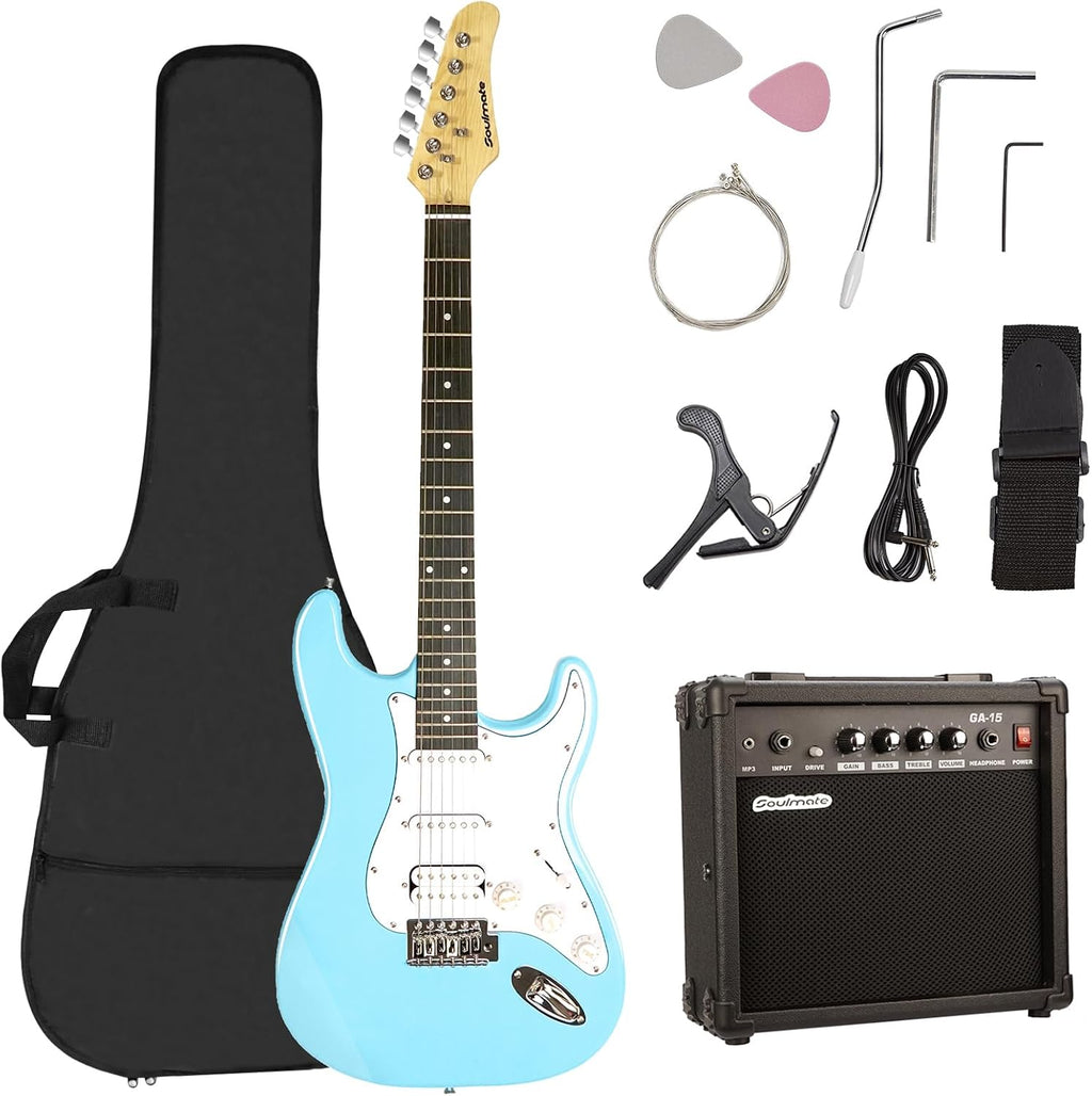 Soulmate 39 Inch Electric Guitar Kit for Beginner Solid Body HSS Full Size Starter Electric Guitar with Amplifier, Bag, Capo, Strap, String,Cable, Picks, Blue