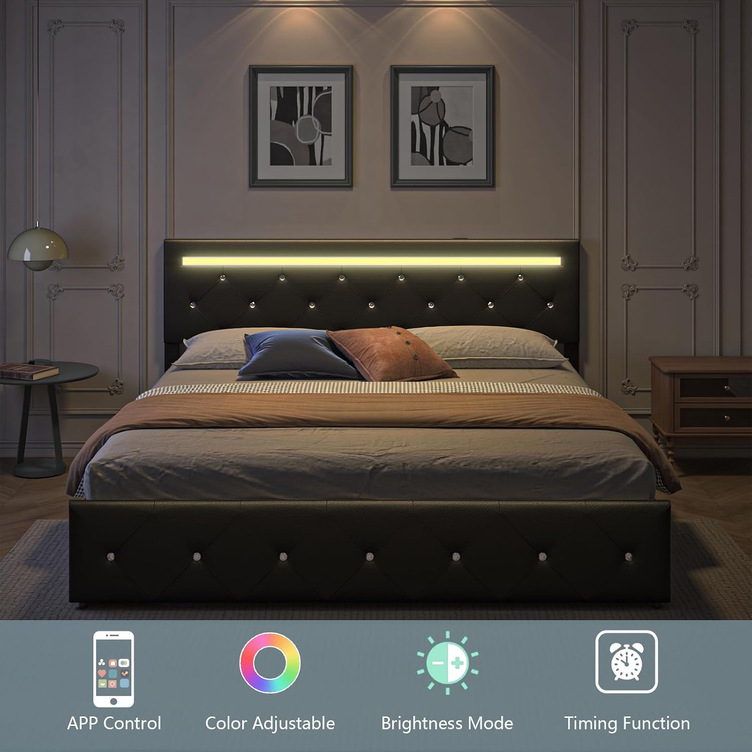 Bed Frame Full Size with Storage Drawers and LED Light, 2 Sockets and 2 USB Ports, Adjustable Headboard with PU Leather Upholstered, No Box Spring Needed, Wooden Slats Support, Black.