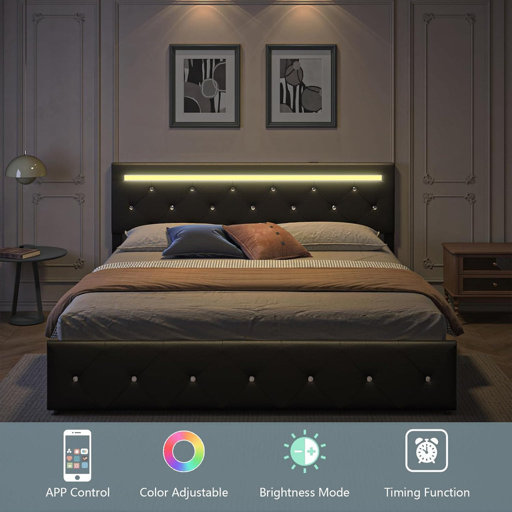 Bed Frame Queen Size with LED Light and Storage Drawers, Adjustable Headboard with PU Leather Upholstered, 2 Sockets and 2 USB Ports, No Box Spring Needed, Wooden Slats Support, Black