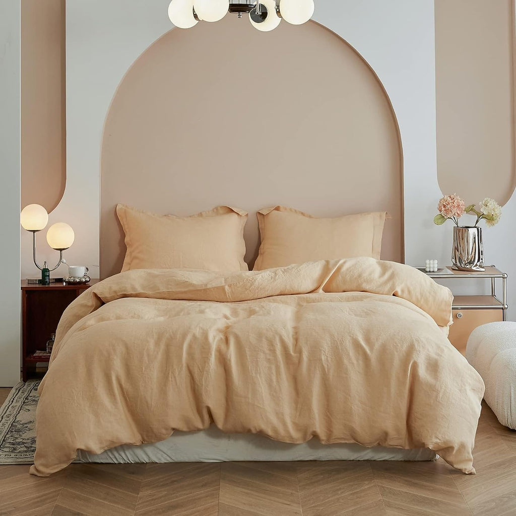 Simple&Opulence 100% Linen Duvet Cover Set, 3 PCS Natural French Flax Sand Duvet Cover King Size, Breathable Soft Comfy Linen Bedding Comforter Cover with 2 Pillowcases(Sand, 104'x92')