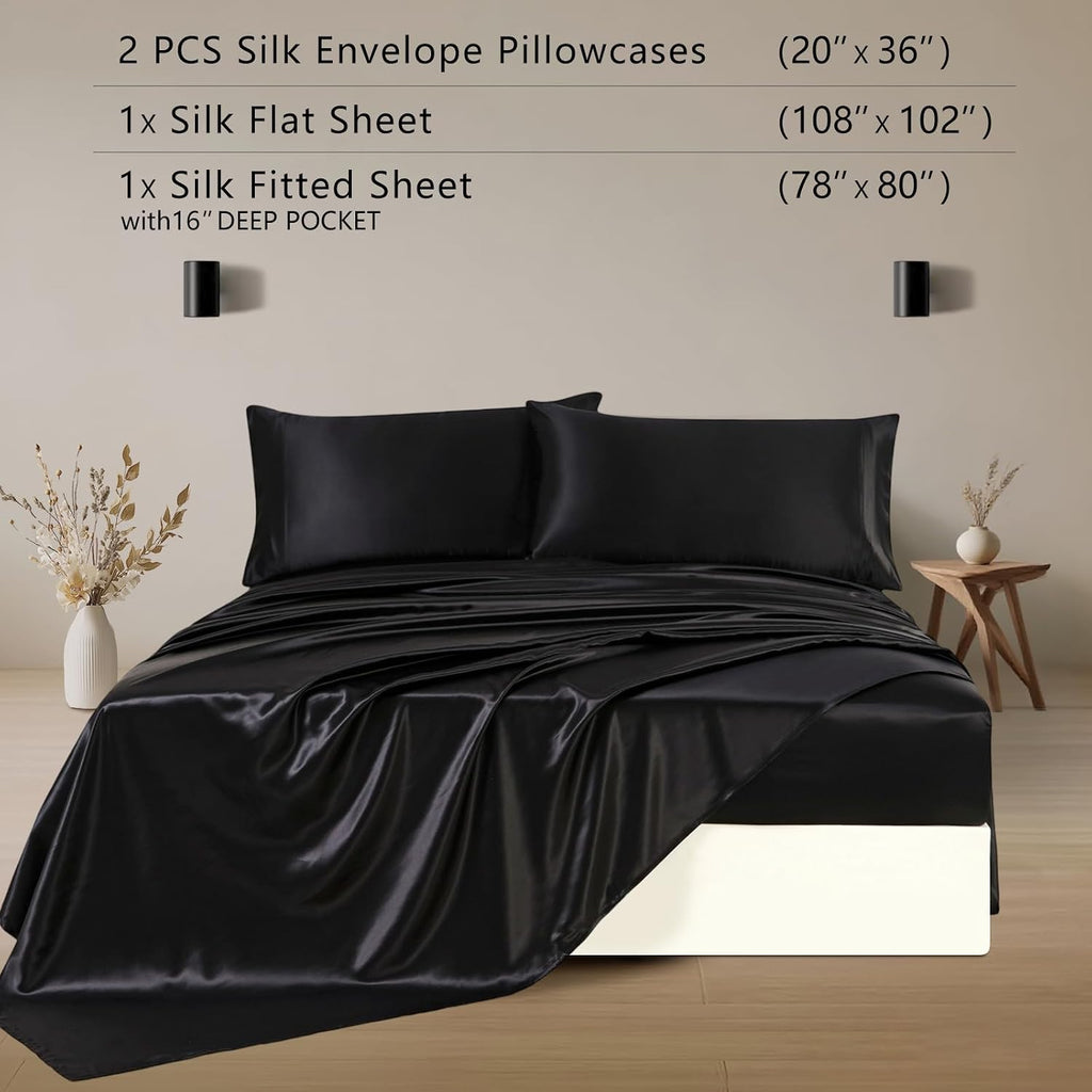 ZIMASILK 100% 19 Momme Pure Mulberry Silk Bedding 4-Pieces Set for Sleeping, Soft, Breathable & Hypoallergenic,for Hair & Skin Care (King Black)