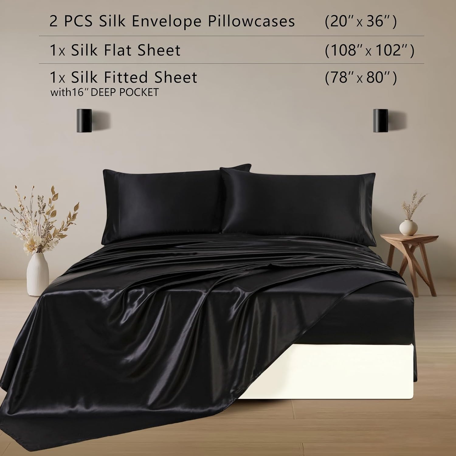 ZIMASILK 100% 19 Momme Pure Mulberry Silk Bedding 4-Pieces Set for Sleeping, Soft, Breathable & Hypoallergenic,for Hair & Skin Care (King Black)