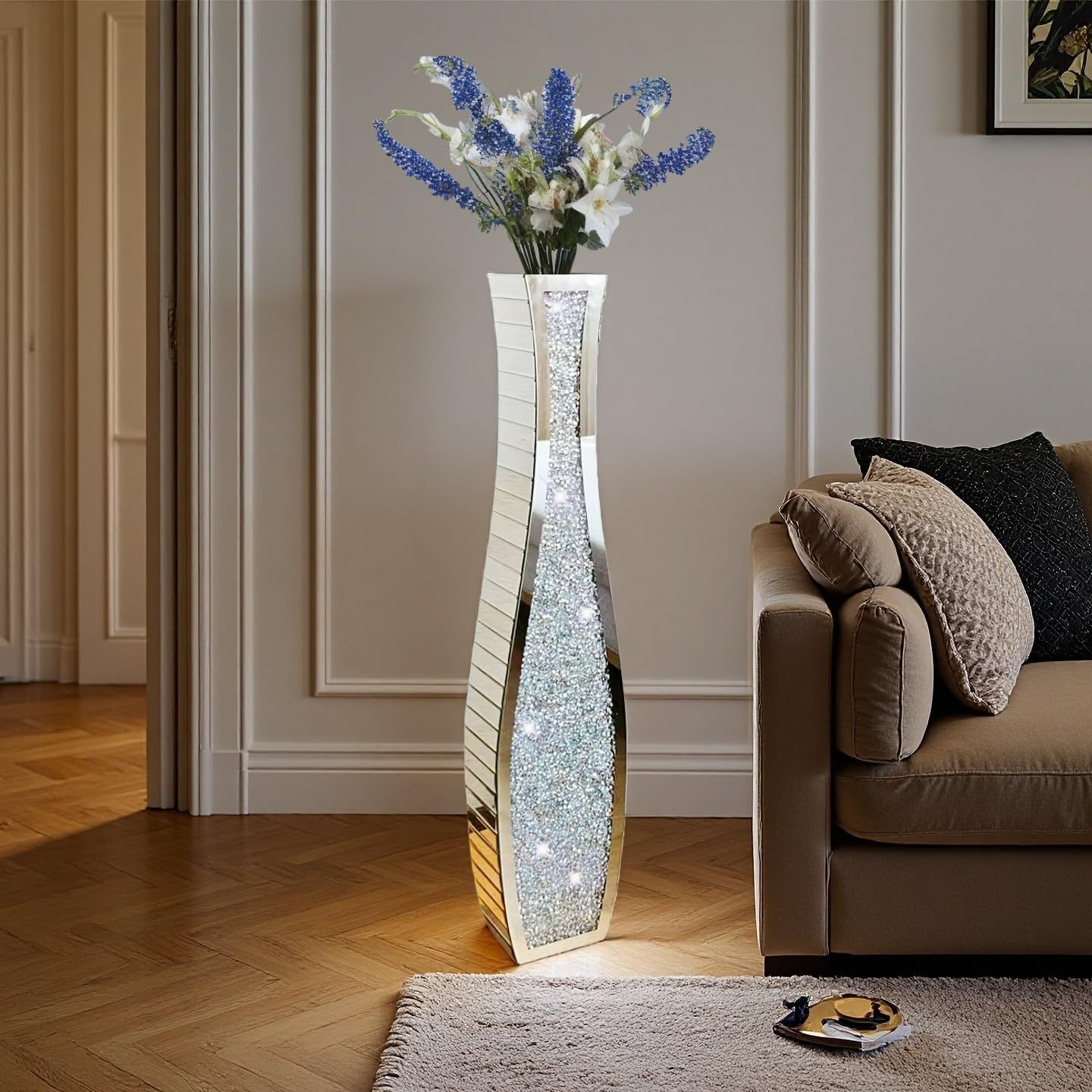 36' Extra Tall Double Sided Crushed Diamond Vases, Mirrored Silver Vase,Floor Vases Decorative Tall, Large Decorative Vase for Home,Office,Hotel Decor(7.72' L x4.33 W x 36' H)