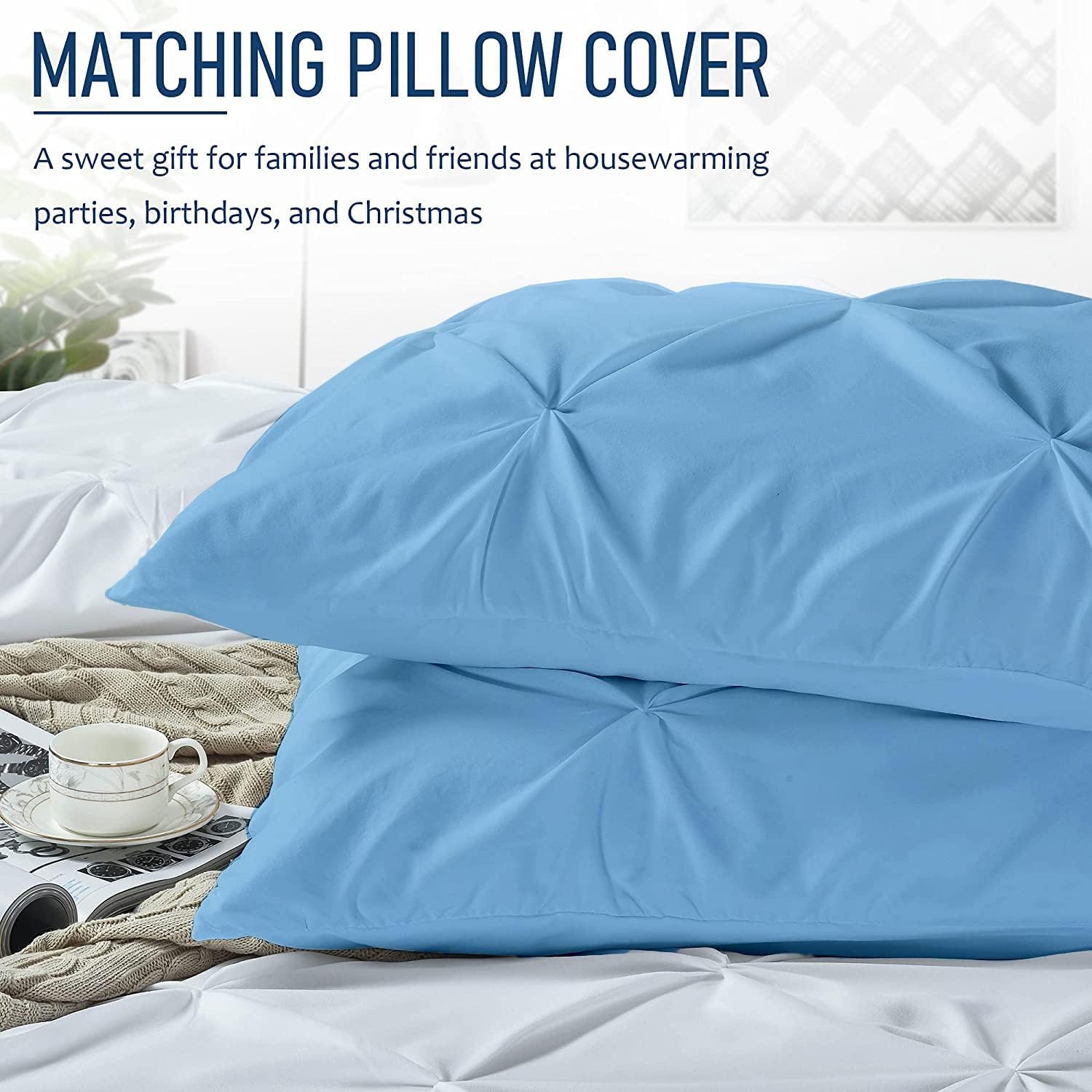 Crown Collection Luxuriate Hotel 1000-TC Hypoallergenic Ultra Soft Design 100% Egyptian Cotton Pinch Plated Duvet Cover with Zipper Colser & 2pcs Pillow Case Set (Oversize 98x120, Light Blue)