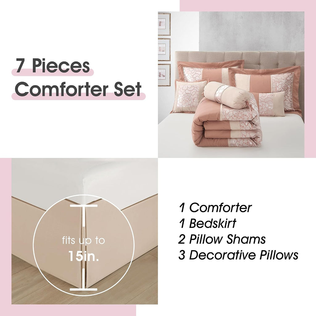 LANCO MODERN LIFESTYLE 7 Piece King Size Comforter Set, Blush, Elegant Floral Jacquard, Stylish and Cozy Bedding Collection, Premium Bedding Set with Bedskirt, Shams and Pillows