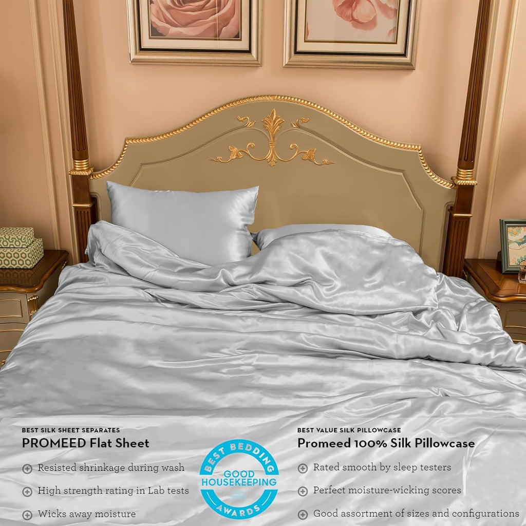 PROMEED 100% Mulberry Silk Duvet Cover Set 3PCS Queen Size, Real 23 Momme Grade 6A Silk Bedding Set with Duvet Cover and Pillowcases (Light Grey, Queen)