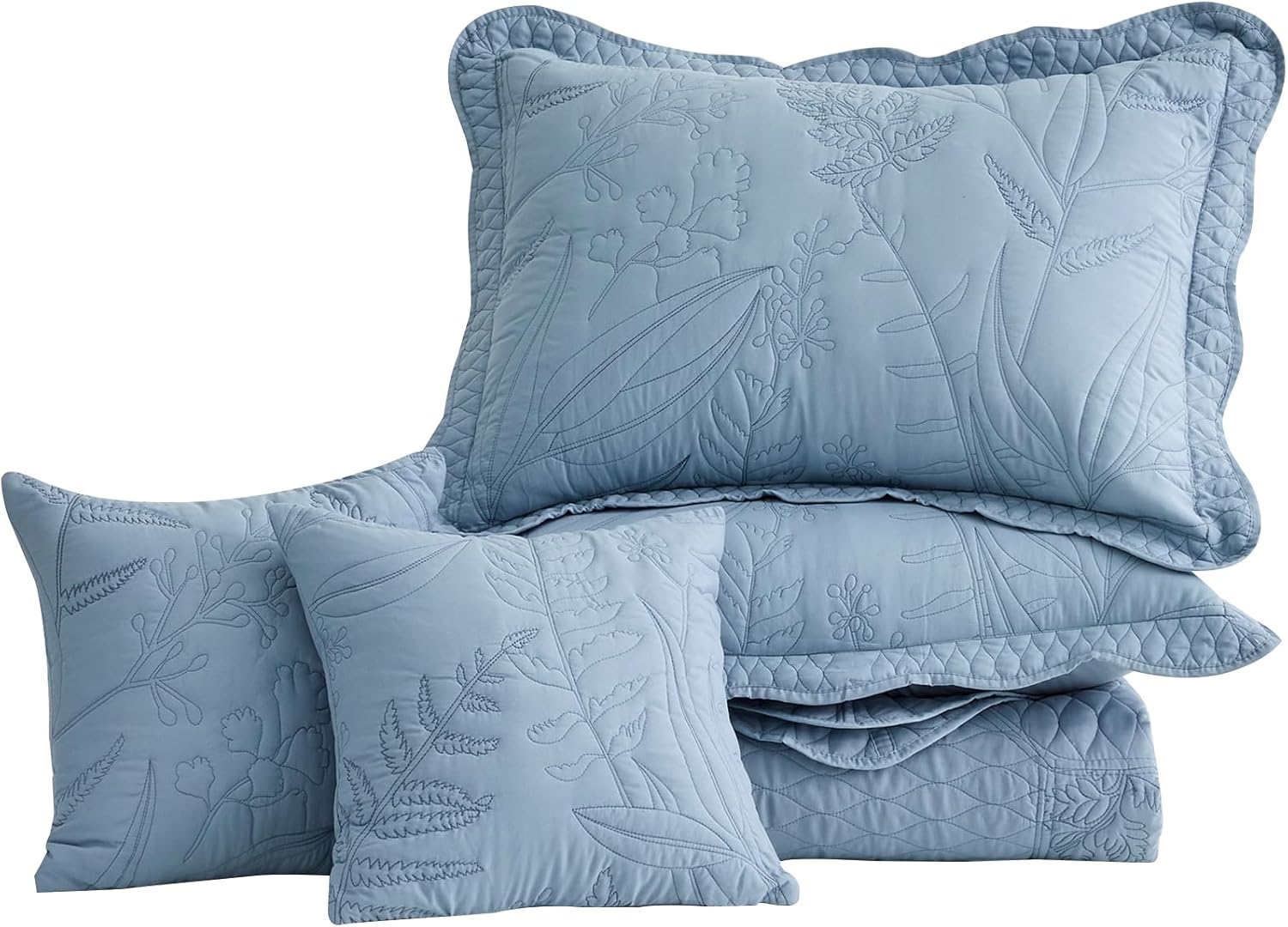 DaisyHuang Botanical Oversized Bedspread King Size - Leaves Pattern Stitching Quilt Set - Elegant & Fresh Style Bedding Coverlets, Reversible, Lightweight, 5 Piece, Ashley Blue