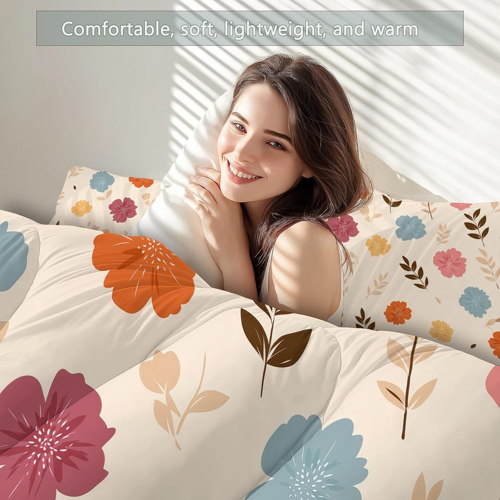 Beige Reversible Comforter Set King, Hand Drawn Plants Flowers Printed Comforter Set 3-Piece with 1 Comforter & 2 Pillowcases, Soft Microfiber Quilted Bedding for All Season