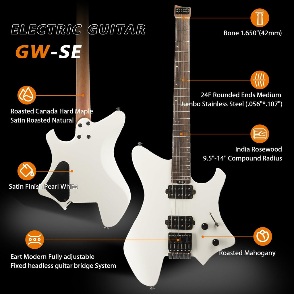 EART GW2-SE Headless Electric Guitar, Solid Electric Guitar Roasted Mahogany Body with Hard Maple Neck Standard Artones-H2SE Pickups,Satin Finish
