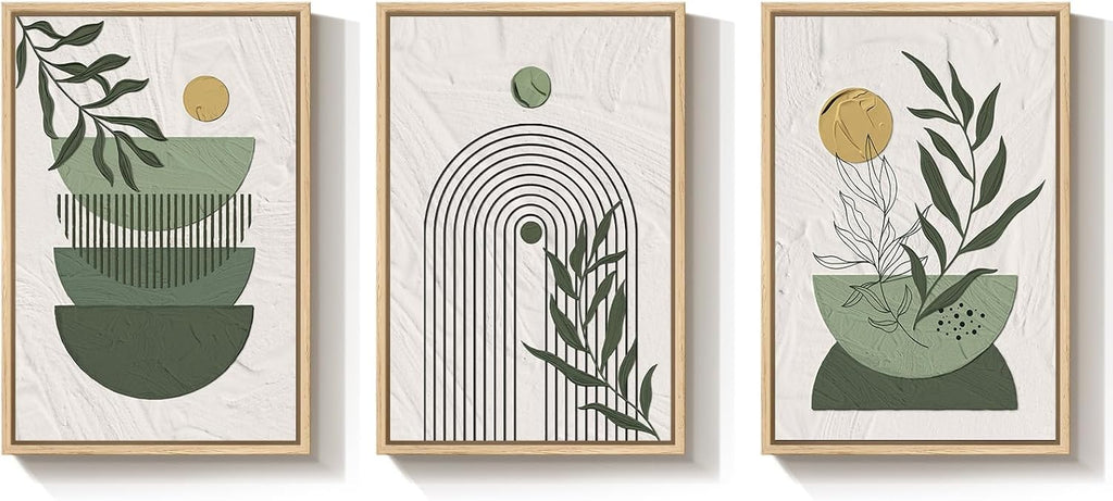 Large Framed Sage Green Boho Wall Art for Living Room, 3 Piece Mid Century Modern Bohemian Canvas Artwork for Walls, Botanical Paintings Prints Pictures Wall Decor for Bedroom Home Office, 24x36 Inch