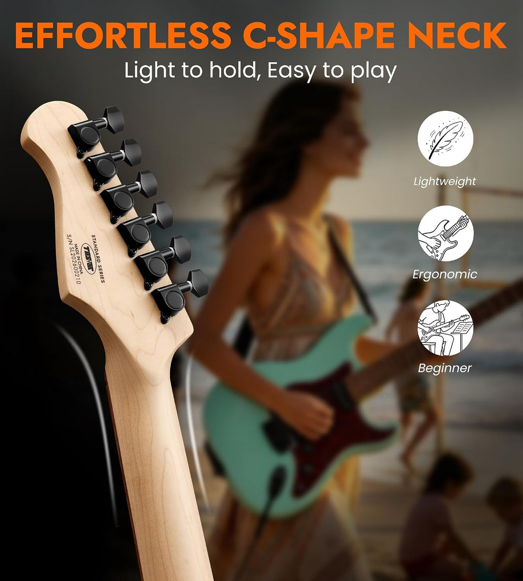 Tostar Electric Guitar Full Size Kit for Beginners 6 String Bundle with Amp SSH Pickup with Gig Bag,Capo,Tremolo, Strap, Picks Green Electric Guitars 39' for Gifts