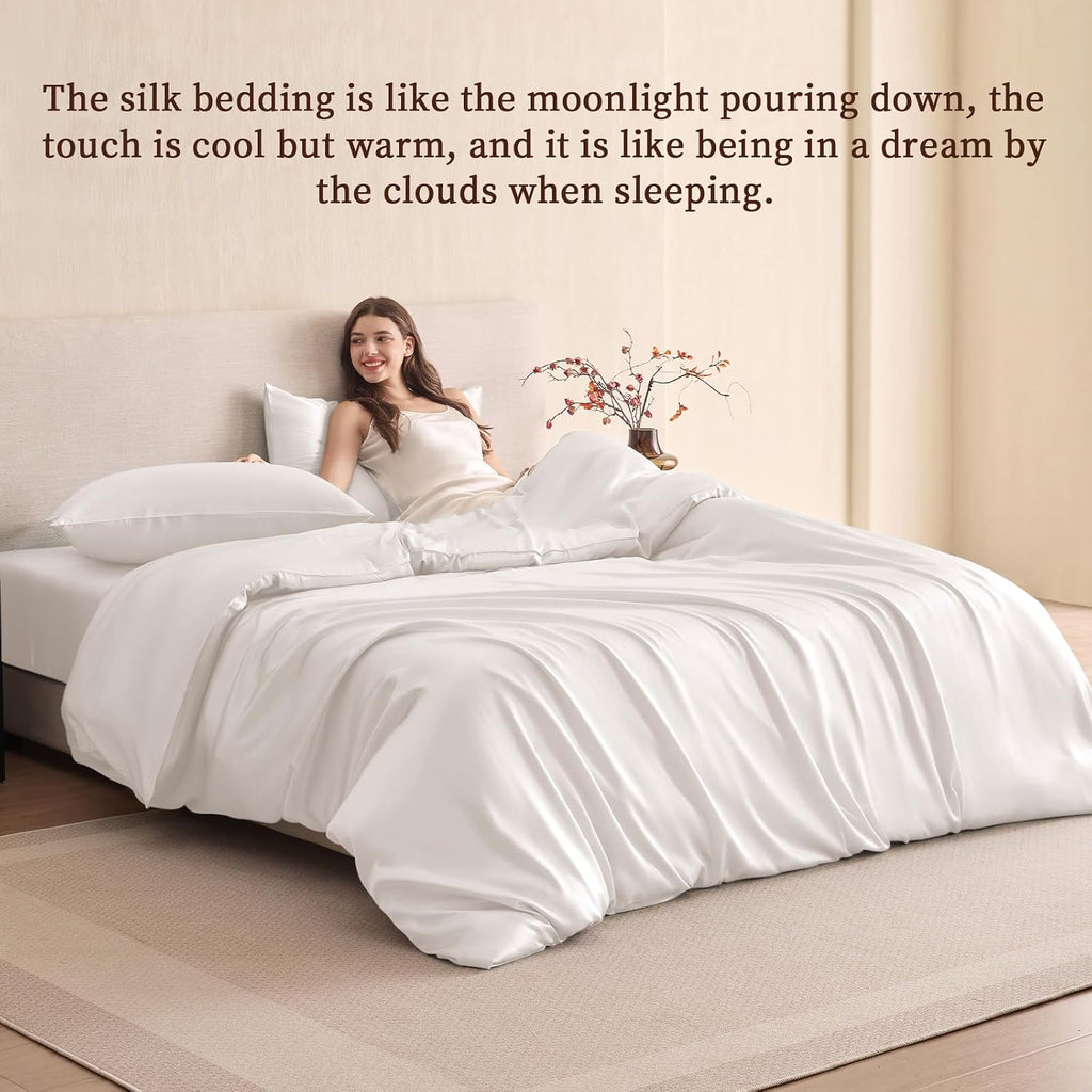 THXSILK 100% Pure Mulberry Silk Duvet Cover Set 3 Piece, 6A+ Grade Luxury Soft Bedding Silk Sheets for Hair and Skin, 1 Pcs Duvet/Quilt/Comforter Cover with 2 Zippered Pillowcases (Cream White, Twin)
