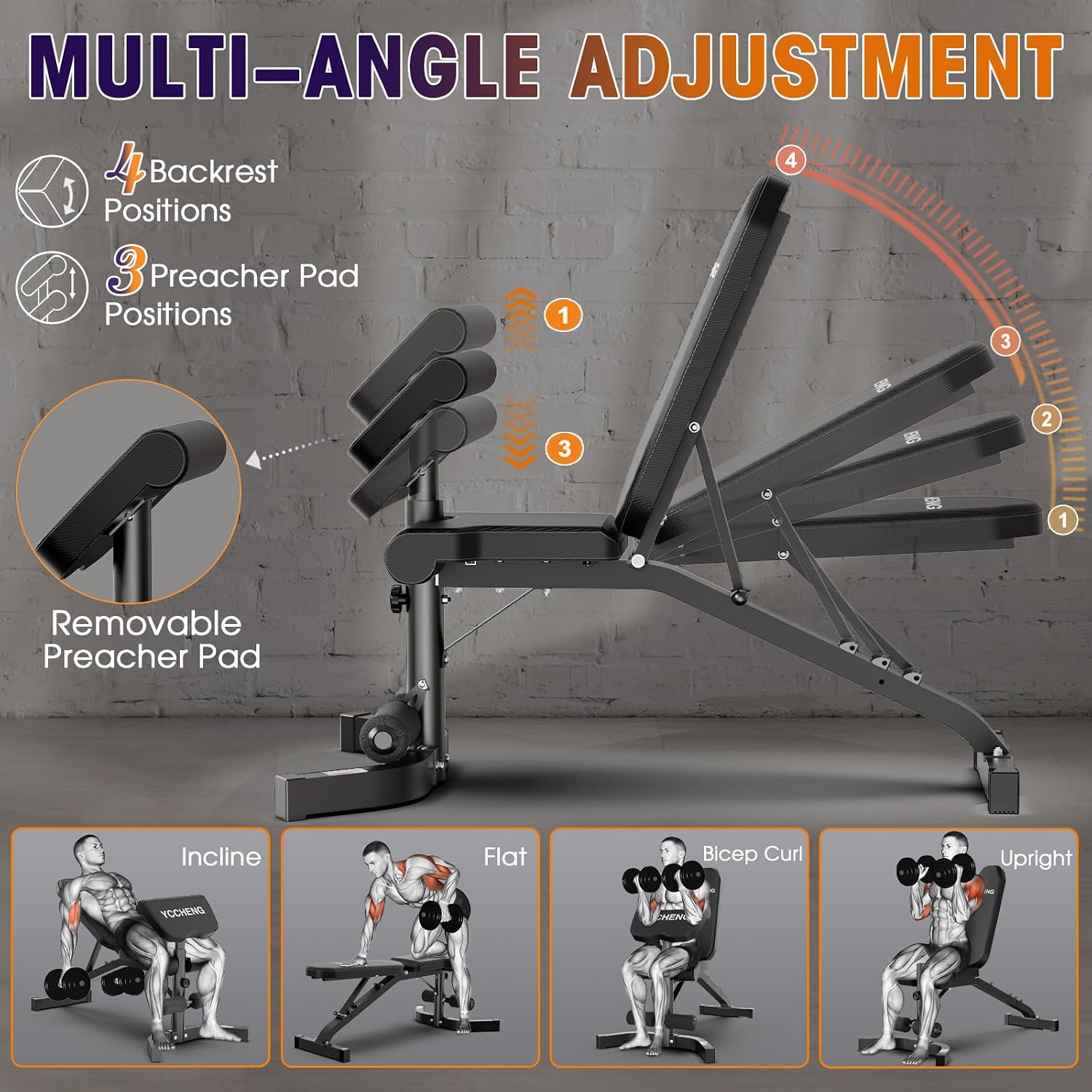Muti-functional Adjustable Weight Bench/Workout Bench with Barbell Rack Set for Home Gym, Upright Incline Flat Exercise Benches with Preacher Pad