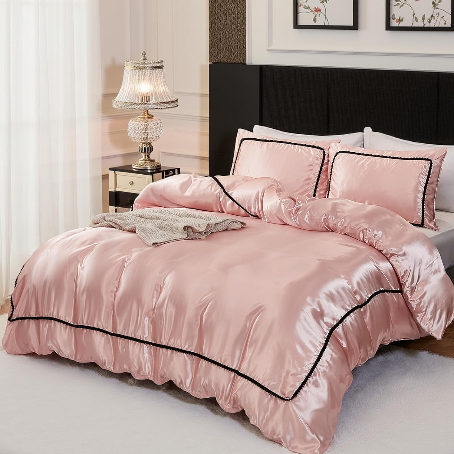 Herside Pink Satin Comforter Set 7 Pieces King Size Bed in a Bag Luxurious Satin Bedding Set with Comforter Pillowcases and Sheets Sets Mini Pompoms Design Super Soft Silky Bed Set for All Seasons